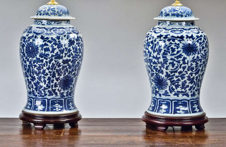 Other Pair of 20th Century Temple Jar Lamps with Peony Decoration