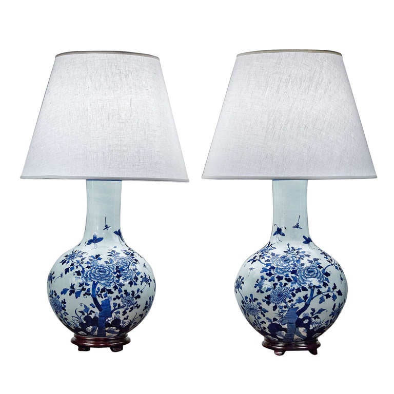 Pair of Large Blue and White Globe Lamps