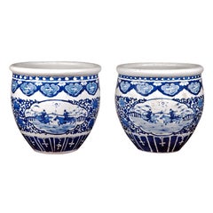 Pair of Chinese Blue and White Porcelain Fish Bowl Planters