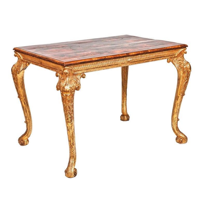 George II giltwood center table with oyster veneered parquetry top, ca. 1720-1755, offered by O'Sullivan Antiques