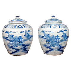 Pair of Large Blue and White Porcelain Urns 12