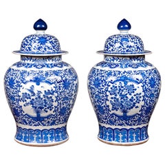 Pair of Large 20th Century Blue and White Porcelain Temple Jars
