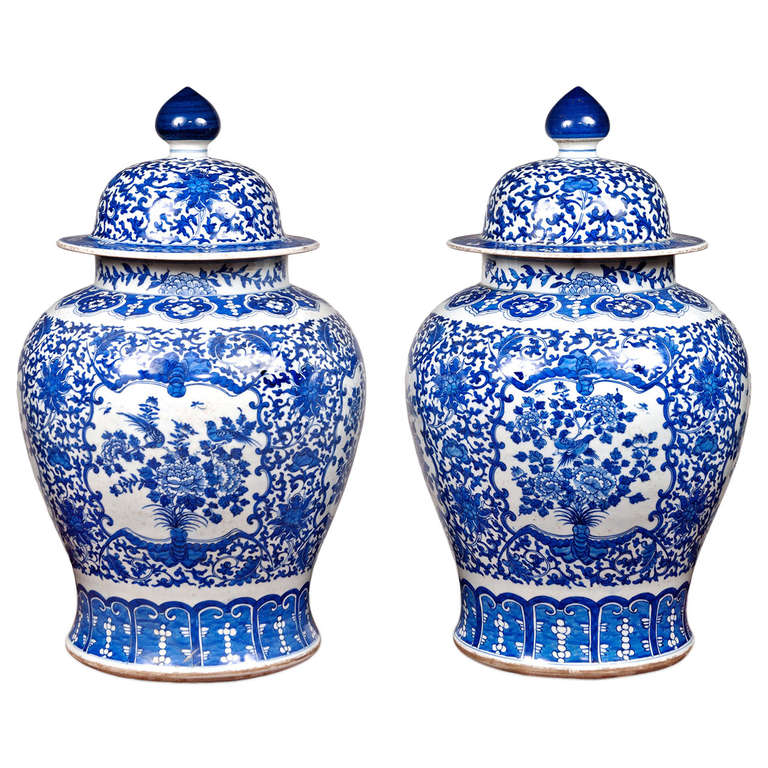 Pair of Large 20th Century Blue and White Porcelain Temple Jars For Sale