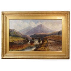 Oil On Canvas Landscape, Figures On A Bridge By Charles T Howard