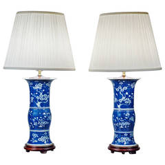 Pair of Blue and White Porcelain Trumpet Vase Lamps