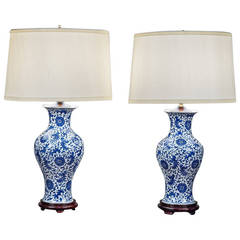Vintage Pair of Blue and White Chinese Porcelain Lamps