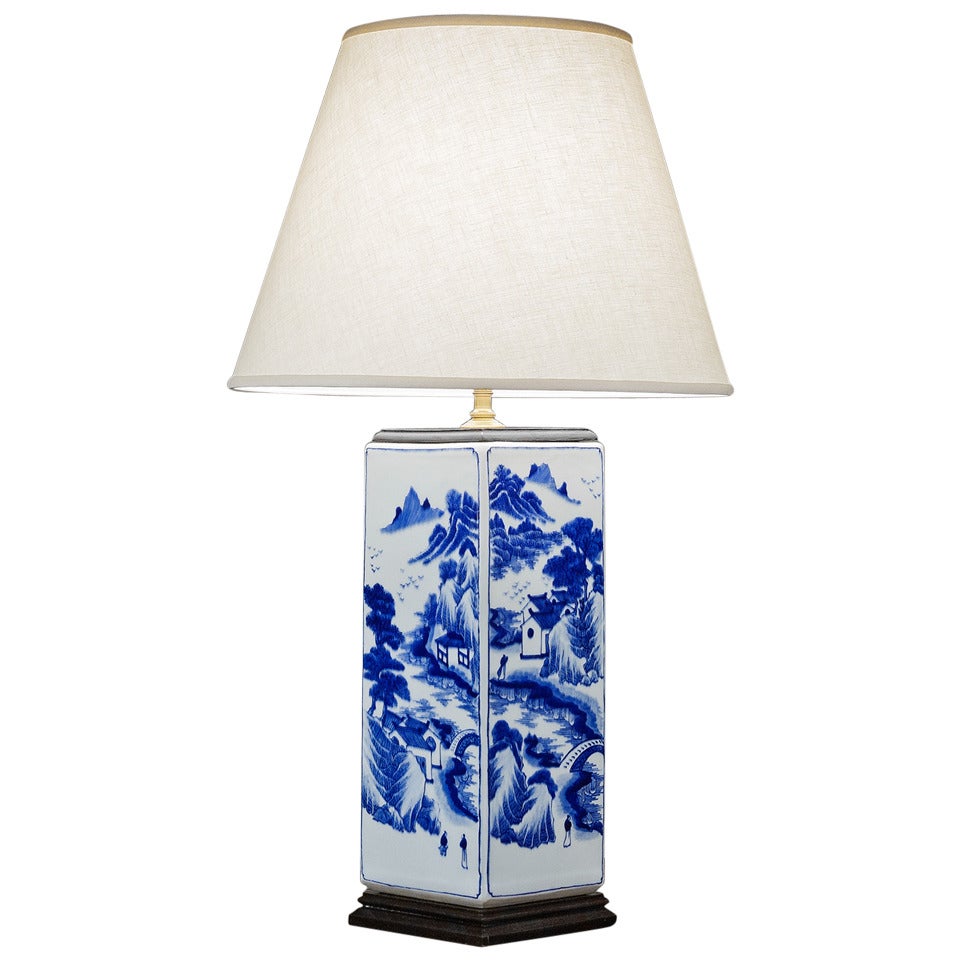 Rectangular Blue and White Porcelain Lamp