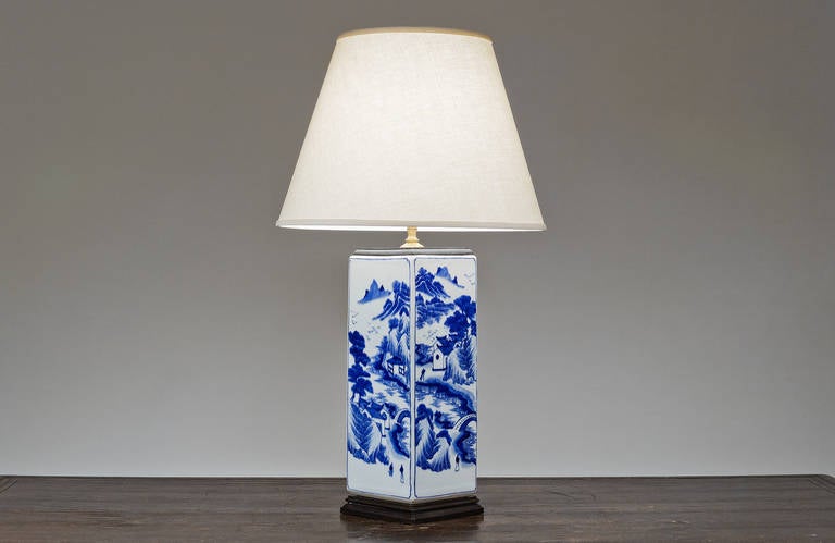 Rectangular blue and white porcelain lamp. Shade available separately.