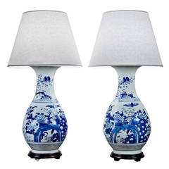 Pair of Large Chinese Blue and White Porcelain Vases Wired as Lamps 7