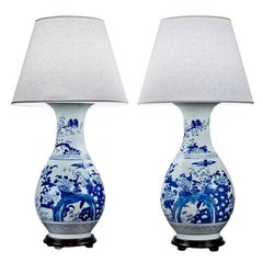 Pair of Large Chinese Blue and White Porcelain Vases Wired as Lamps