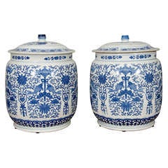 Pair of Blue and White Chinese Covered Jars
