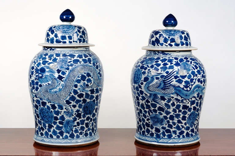 Pair of 20th century blue and white temple jars.