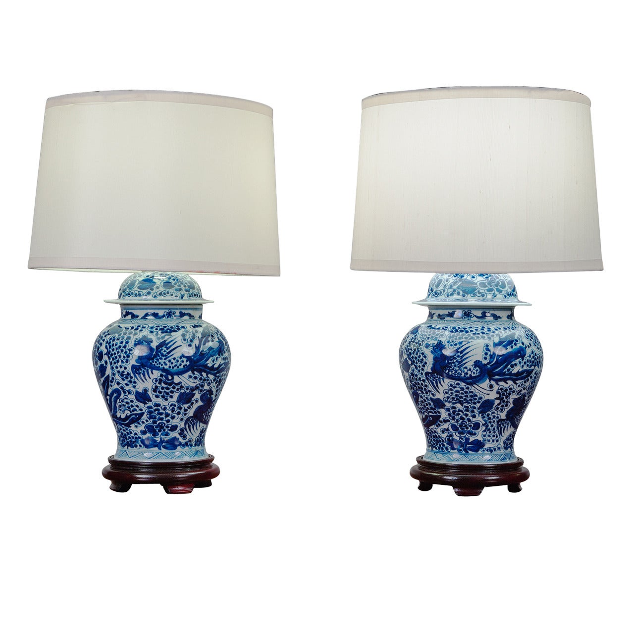 Pair of Blue and White Chinese Temple Jar Lamps