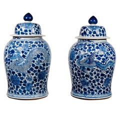 Pair of Blue and White Temple Jars