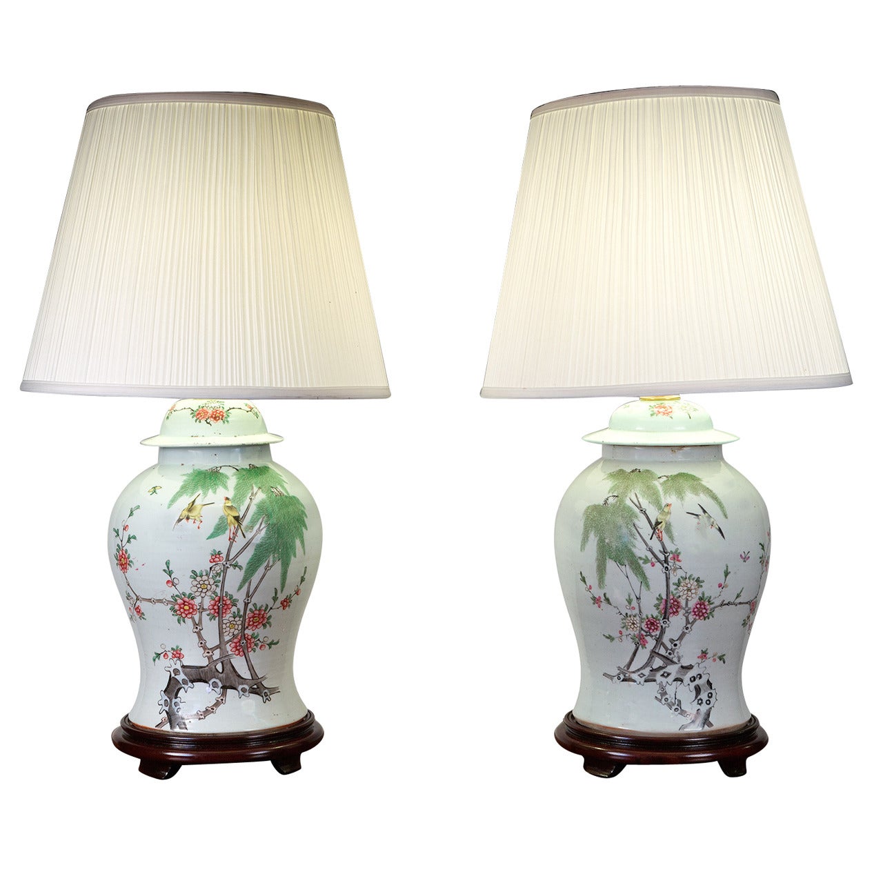 Pair of Famile Verte Chinese Temple Jar Lamps