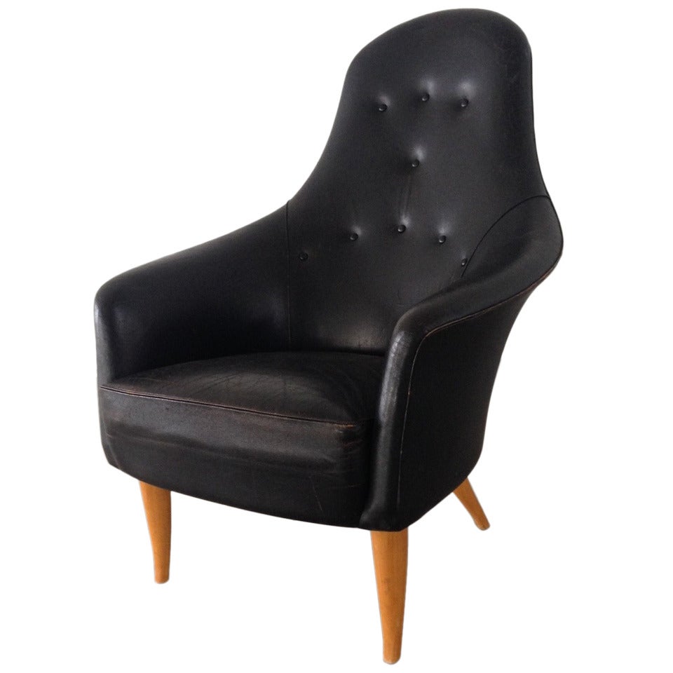 Original Black Leather Lounge Chair By Kersten Horlin Holmquist, Sweden Ca. 1955