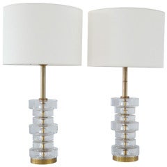 Pair Of Lamps In Glass And Brass By Carl Fagerlund For Orrefors, Ca. 1960
s.