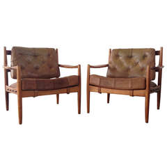 Pair of Armchairs in Original Leather and Teak by Ingemar Thillmark