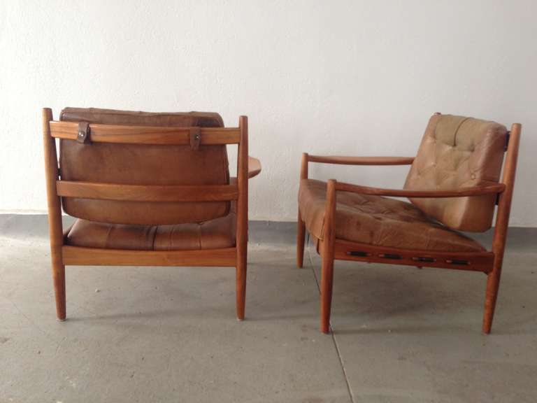 Swedish Pair of Armchairs in Original Leather and Teak by Ingemar Thillmark