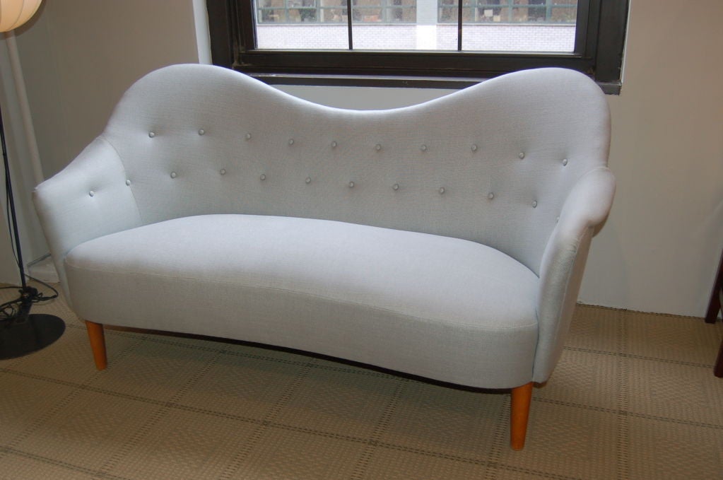 Beautiful sculptural sofa by Sweden's great Carl malmsten.<br />
Reupholstered in linen.