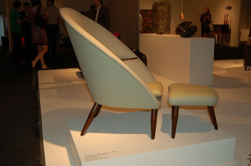 Rare Chair and ottoman by Nanna Ditzel.<br />
Designed in 1953. Produced by Kolds Savværk, Kerteminde. <br />
Reupholstered as original designed