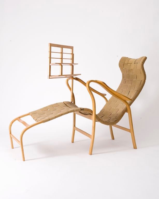 Rare reading lounge chair with attached foot stool and reading stand.<br />
Bent birch with original webbing. Excellent original condition with minor restoration to the surface.