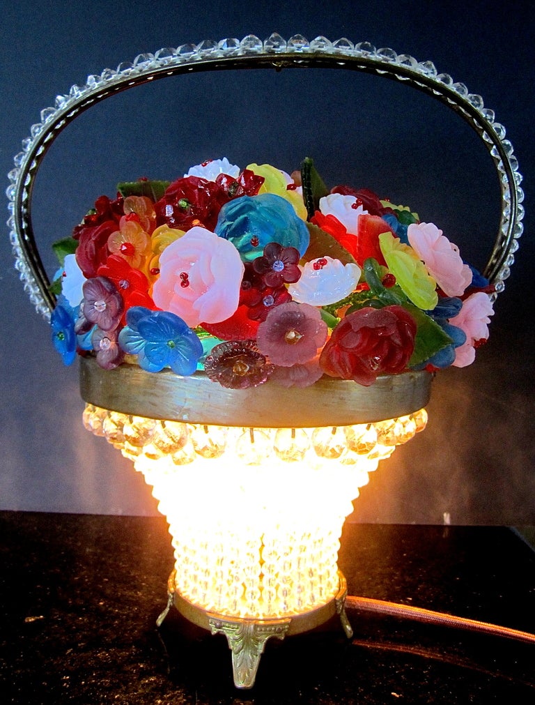 Bohemian Glass Flower Basket Table Lamp In Excellent Condition In San Francisco, CA