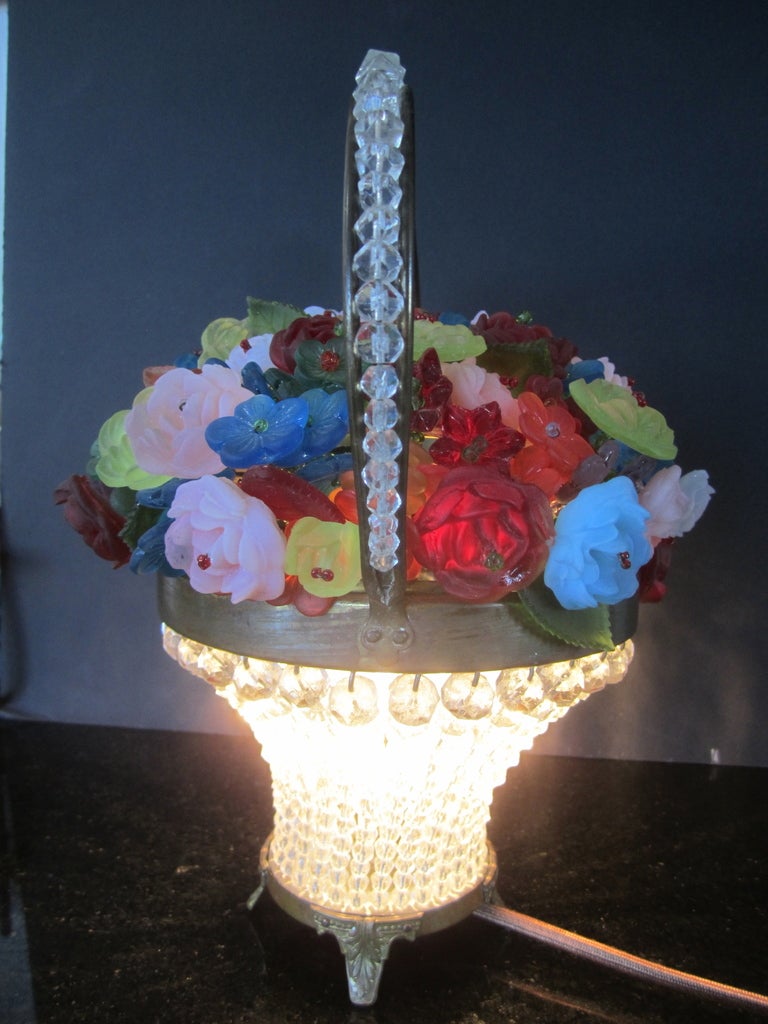 20th Century Bohemian Glass Flower Basket Table Lamp