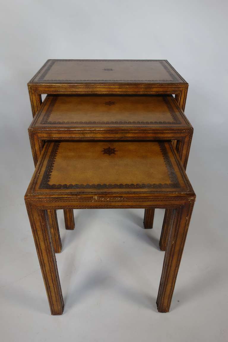 Nested Set of Three Hand Tooled Leather Tables by Maitland-Smith