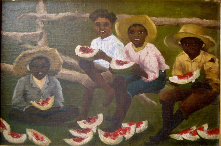 An absolutely delightful Folk Art painting of young boys eating watermelon. A personal favorite !

Image size is 17 1/2