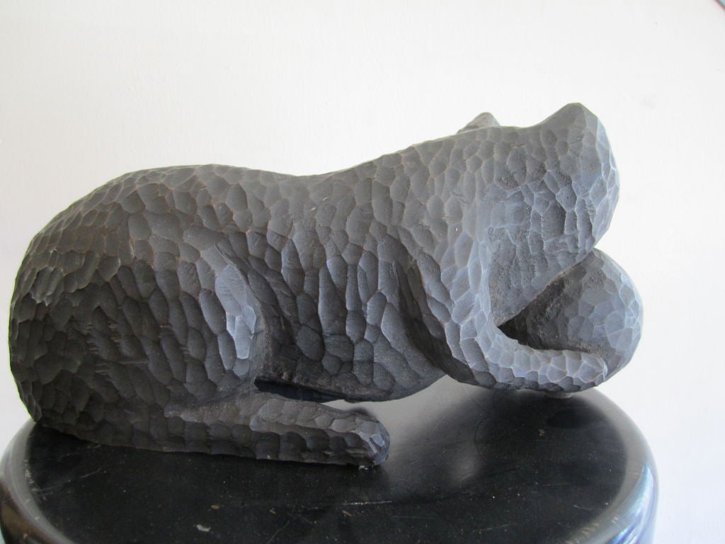 American 1950s Ebonized Carved Cat with Yarn