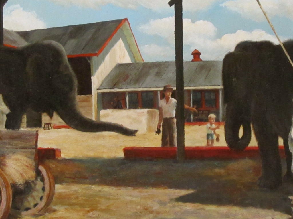Circus Keeper Father and Son Tending Elephants