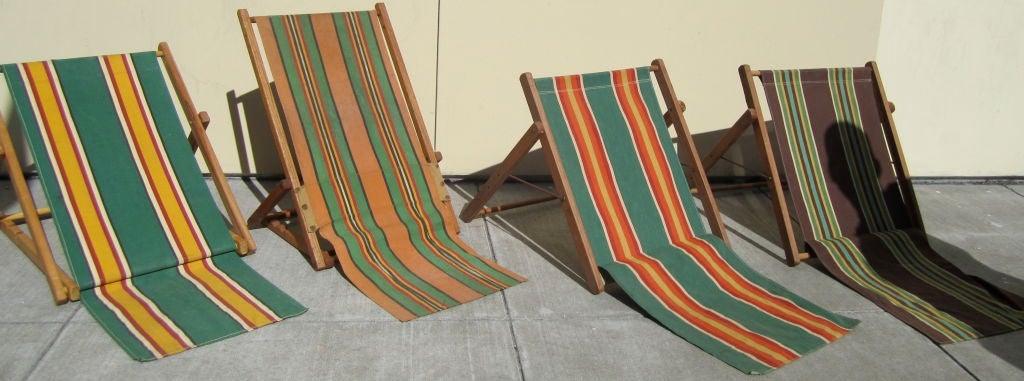Terrific collection four adjustable canvas striped beach seats. Approximately 14