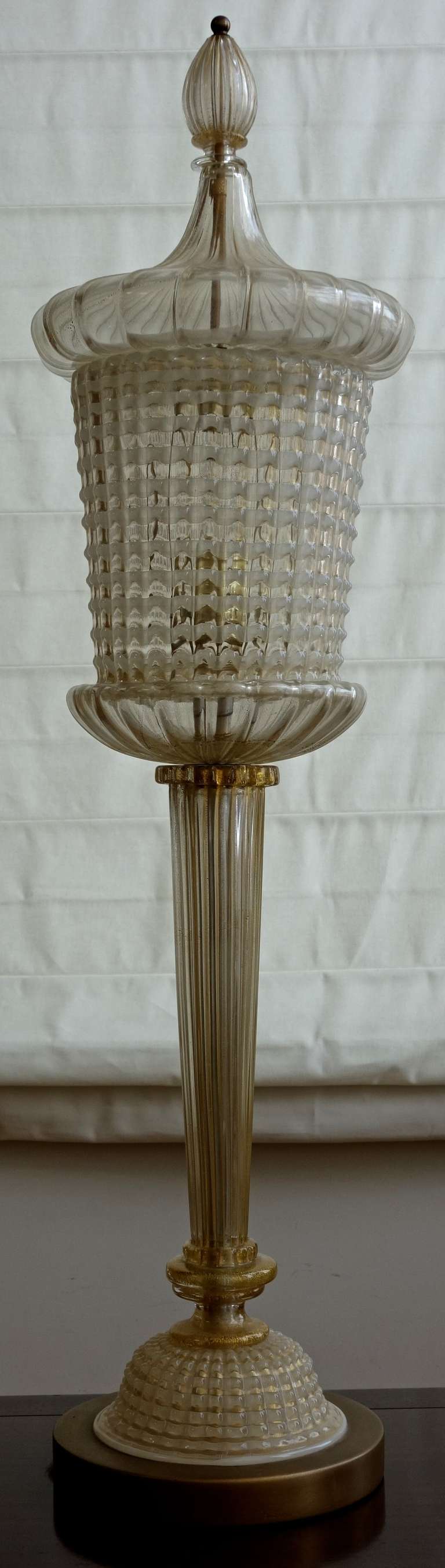 An absolutely beautiful and noble looking Venetian glass table lamp by Marbro.

Base measures 8