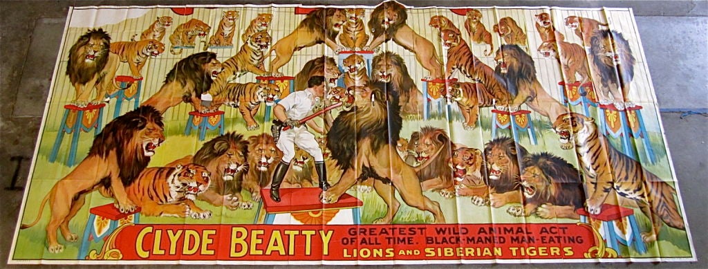 Brilliant circus poster depicting Clyde Beatty with his lions and Siberian tigers!