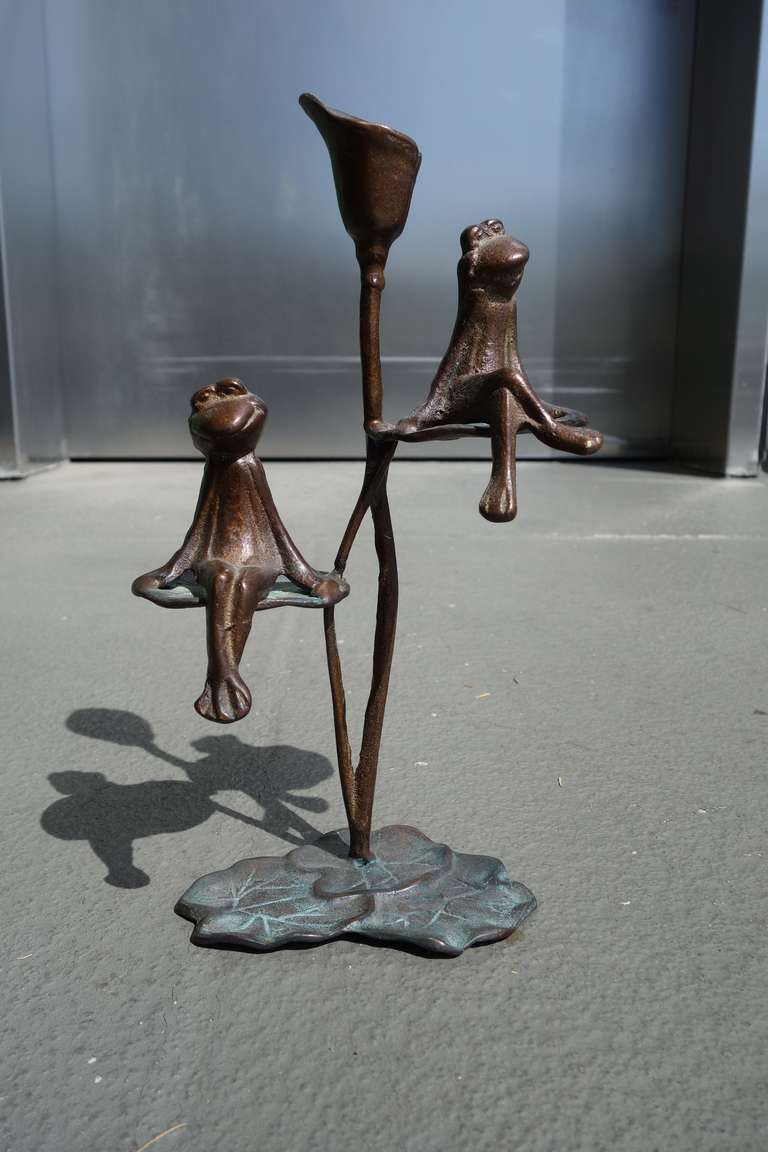 American Pair of Bronze Frogs on Lilypads Candelabras For Sale