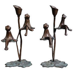 Pair of Bronze Frogs on Lilypads Candelabras