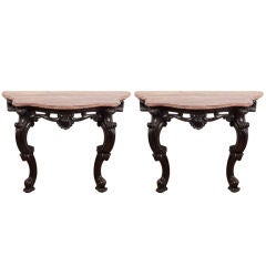 Pair of Anglo-Indian Marble Top Mahogany Base Console Tables