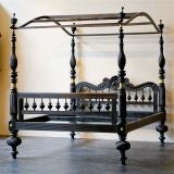 Antique Rare Indo-Dutch Ebony Four Poster Bed with Fluted Legs