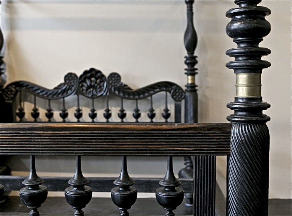 Sri Lankan Rare Indo-Dutch Ebony Four Poster Bed with Fluted Legs