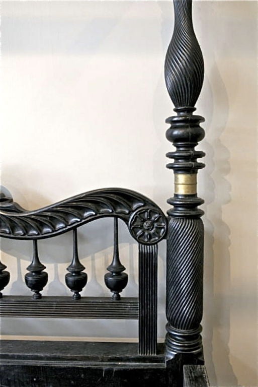 19th Century Rare Indo-Dutch Ebony Four Poster Bed with Fluted Legs