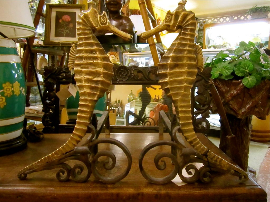 Pair of Art Deco Gilded Seahorse Andirons