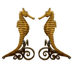 Pair of Art Deco Gilded Seahorse Andirons