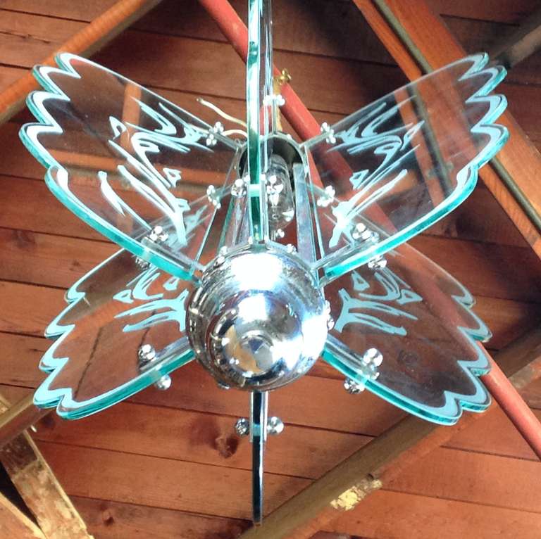 Etched Glass Butterfly Chandelier In Excellent Condition For Sale In San Francisco, CA