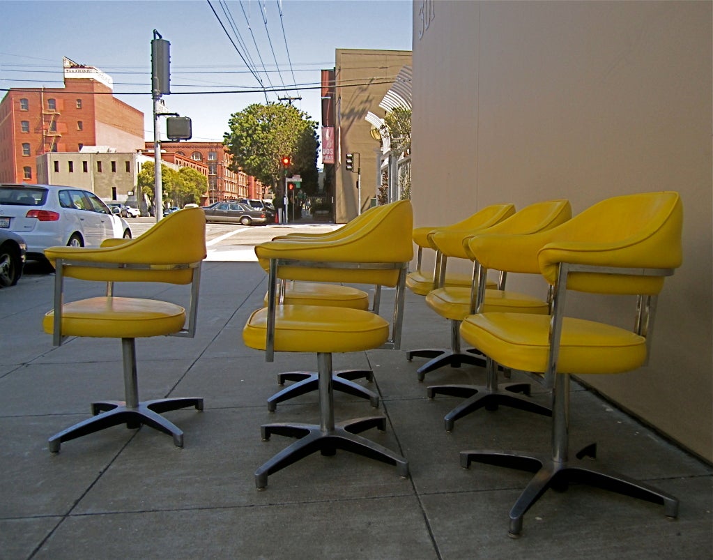 Mid-20th Century Set of Six Lemon Yellow Swivel Dining Chairs