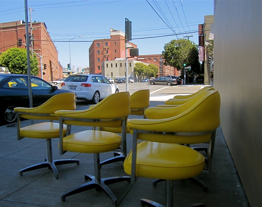 Chrome Set of Six Lemon Yellow Swivel Dining Chairs