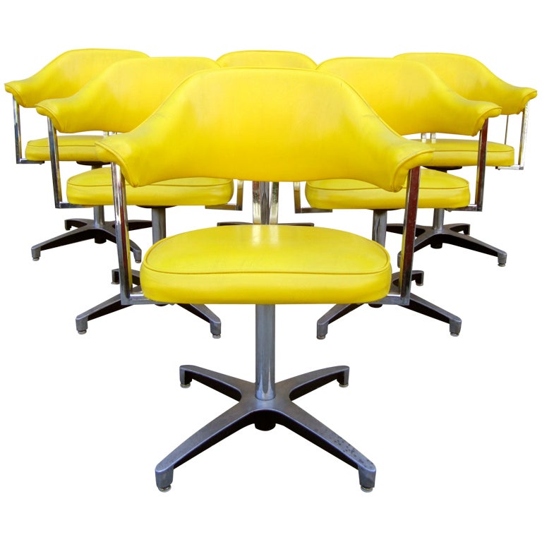 Set of Six Lemon Yellow Swivel Dining Chairs