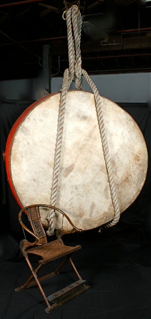 Extraordinary double sided Asian drum. It looks so completely cool suspended in this way but can also be an excellent piece laid flat. Possibilities are endless!

We ship internationally.