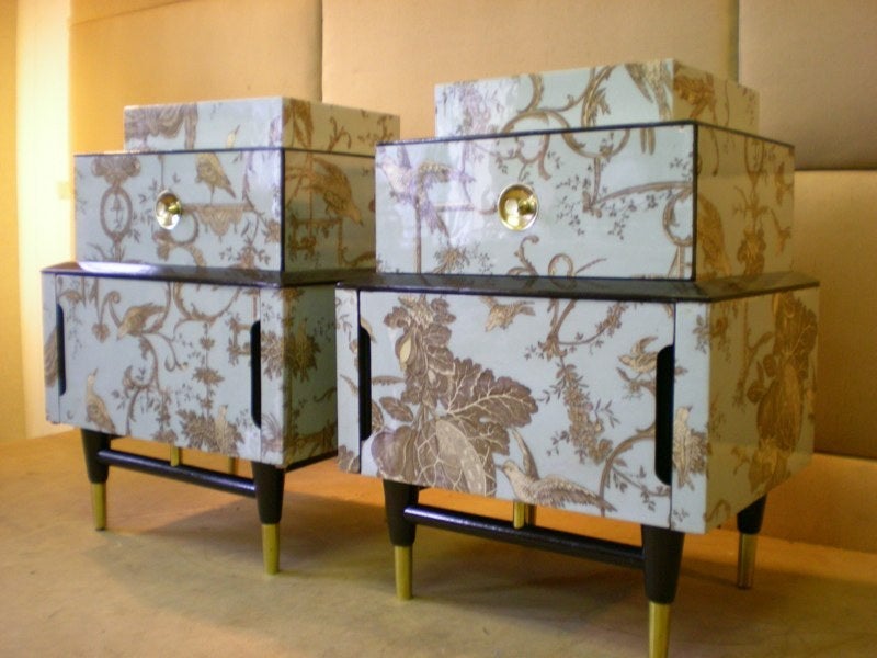 Fabulous 40's Lacquered Toile de Jouy Bedside Tables