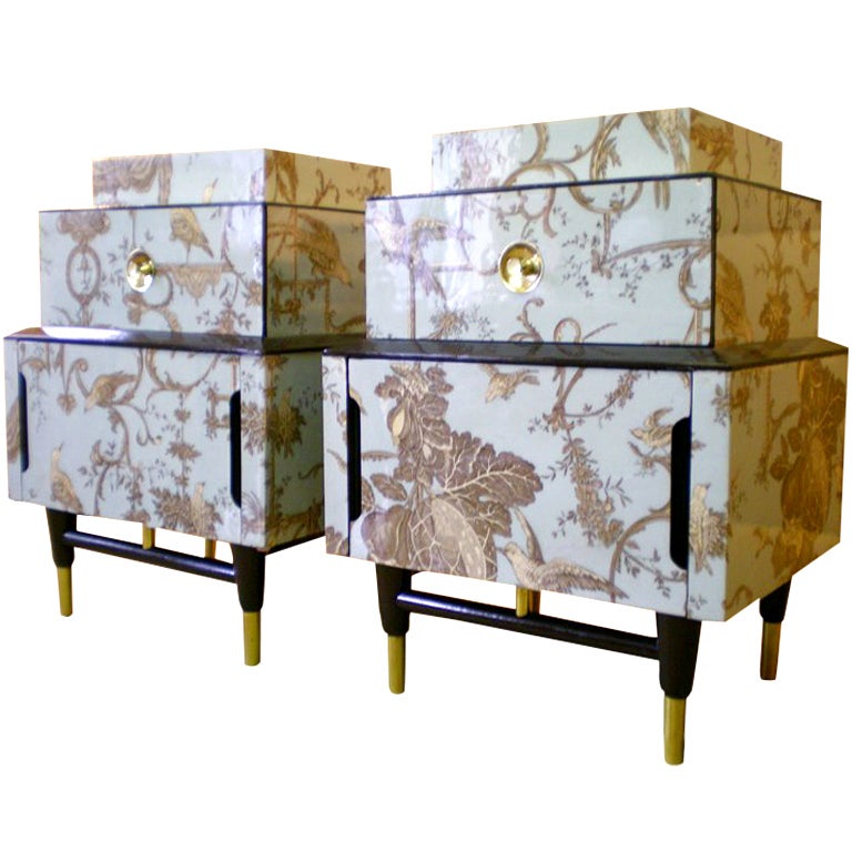 Fabulous 40
s Lacquered Toile de Jouy Bedside Tables